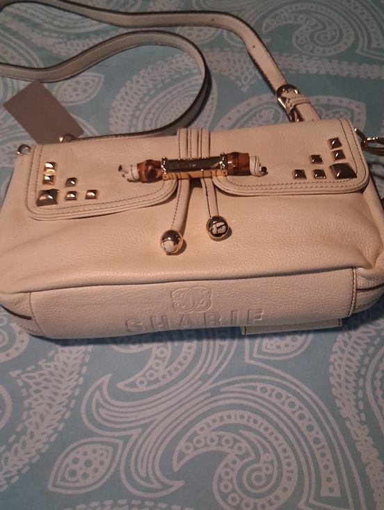 Sharif Handbags - Sharif Cream Leather Crossbody Handbag with Embossed Logo